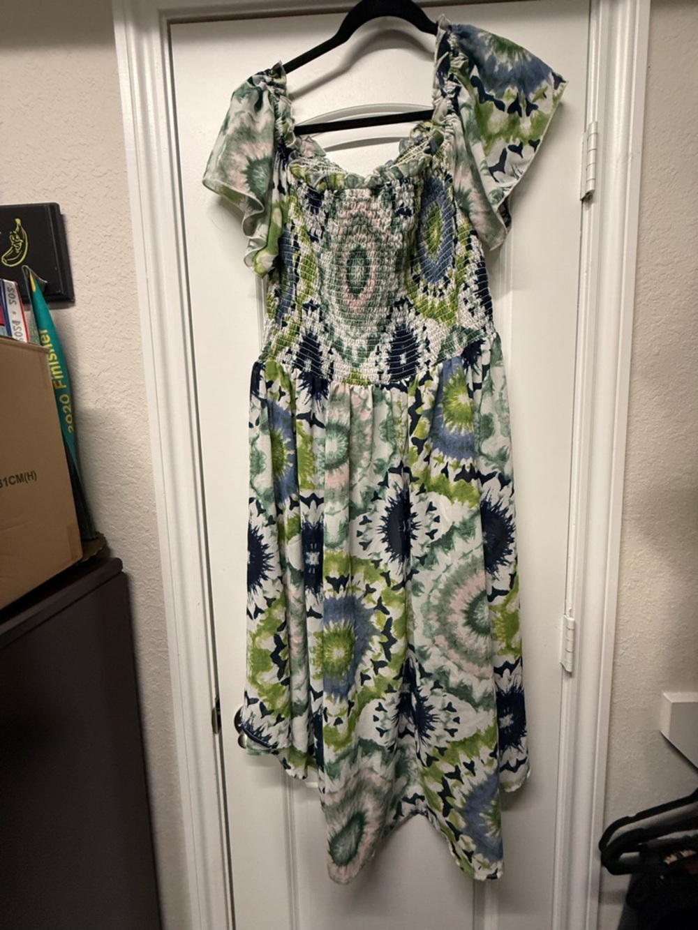 Boho Smocked Tie Dye Peplum Top 1X Green Blue Flutter Sleeve Flowy - Picture 5 of 6
